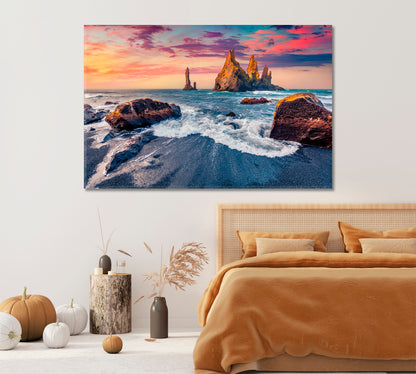 Colorful Sunset with Reynisdrangar Cliffs Iceland Canvas Print-Canvas Print-CetArt-1 Panel-24x16 inches-CetArt