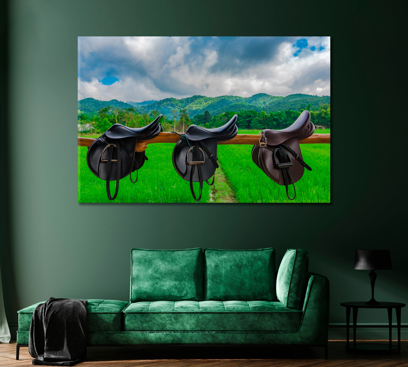 Saddle in Horse Farm with Mountain Landscape Canvas Print-Canvas Print-CetArt-1 Panel-24x16 inches-CetArt