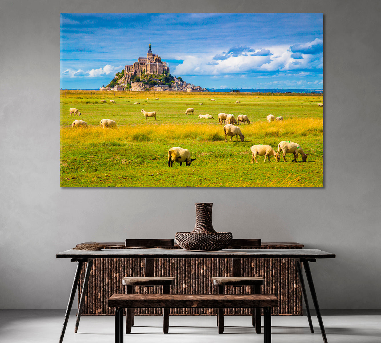 Sheep Grazing in the Fields of Fresh Green Grass Canvas Print-Canvas Print-CetArt-1 Panel-24x16 inches-CetArt