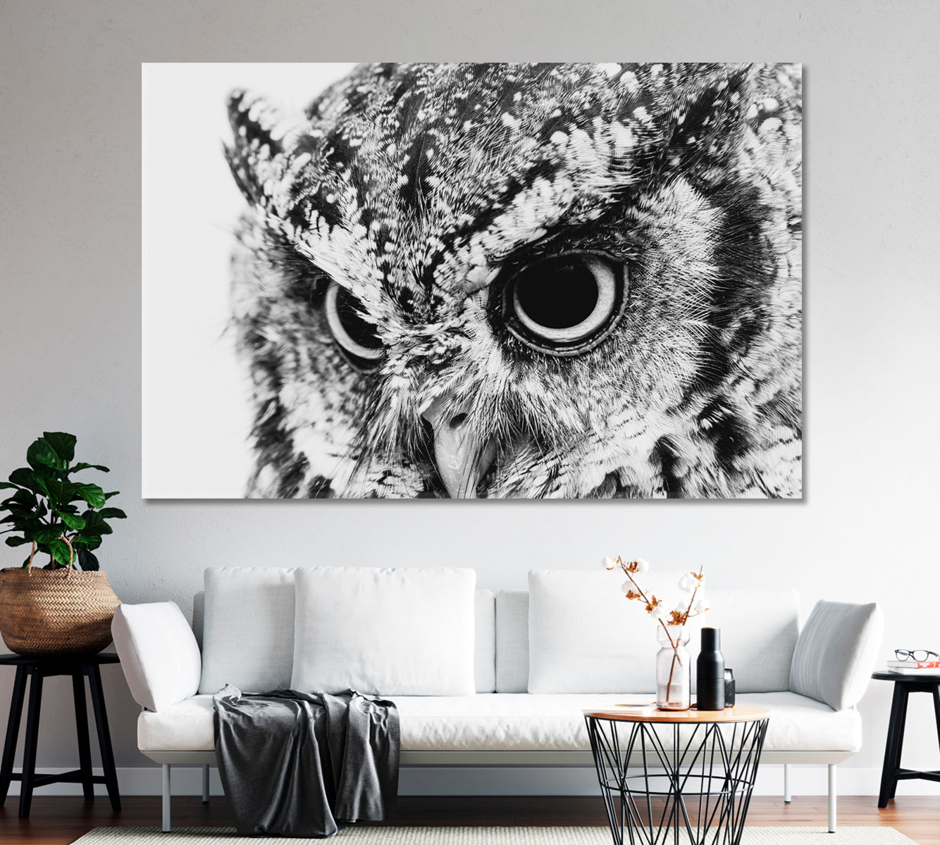 Wild Owl in Black and White Canvas Print-Canvas Print-CetArt-1 Panel-24x16 inches-CetArt