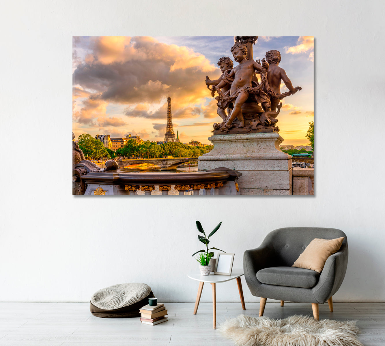 Sculpture on Alexandre III Bridge and Eiffel Tower Paris Canvas Print-Canvas Print-CetArt-1 Panel-24x16 inches-CetArt