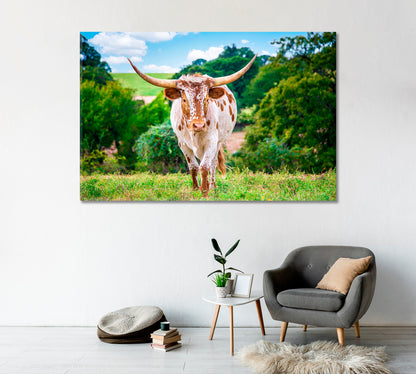 Texas Longhorn Cattle in a Summer Pasture Canvas Print-Canvas Print-CetArt-1 Panel-24x16 inches-CetArt