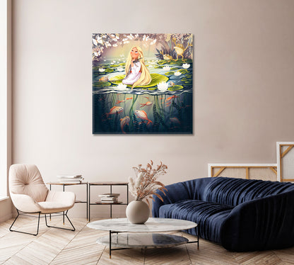 Cute Girl on Water Lily on Lake Canvas Print-Canvas Print-CetArt-1 panel-12x12 inches-CetArt