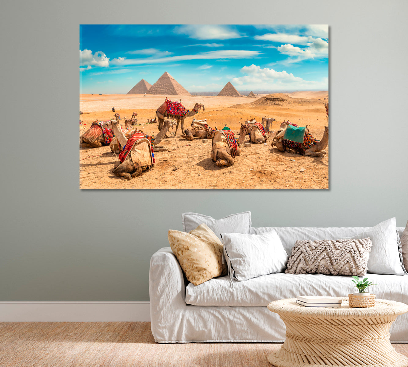 Camels in Sandy Desert near Egyptian Pyramids Canvas Print-Canvas Print-CetArt-1 Panel-24x16 inches-CetArt