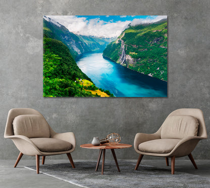 Sunnylvsfjorden Fjord and Seven Sisters Waterfalls Norway Canvas Print-Canvas Print-CetArt-1 Panel-24x16 inches-CetArt