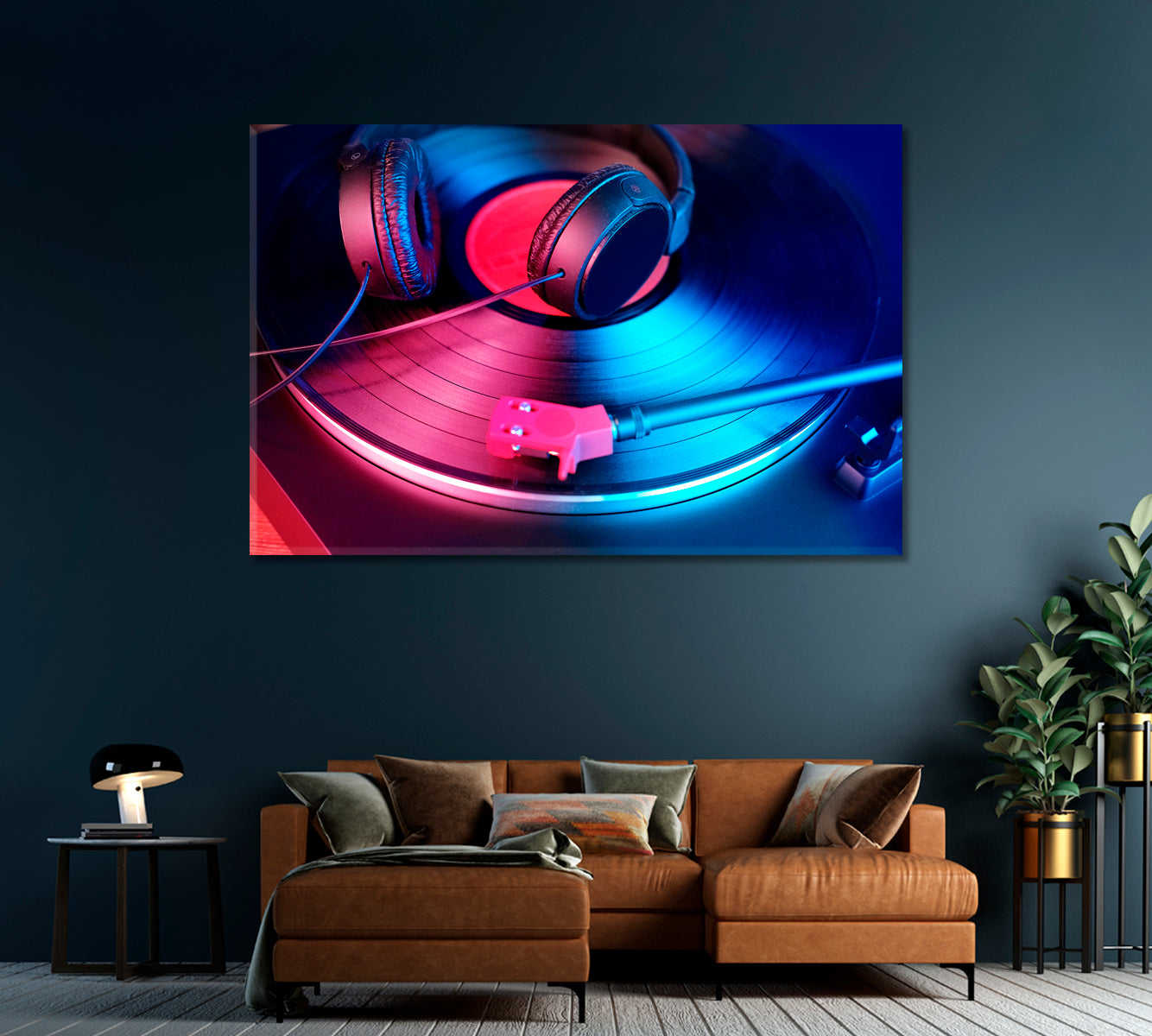 Black Headphones on Vinyl Record Canvas Print-Canvas Print-CetArt-1 Panel-24x16 inches-CetArt