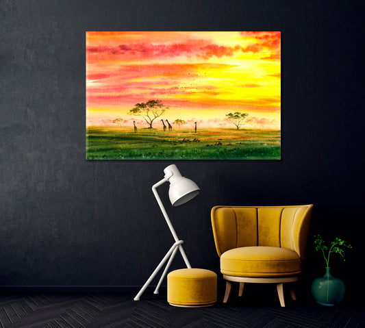 Watercolor Painting Giraffe and Zebra Africa Field Canvas Print-Canvas Print-CetArt-1 Panel-24x16 inches-CetArt