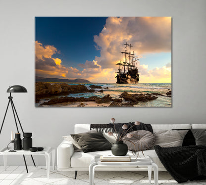 Old Pirate Ship at the Open Sea in Sunset Canvas Print-Canvas Print-CetArt-1 Panel-24x16 inches-CetArt