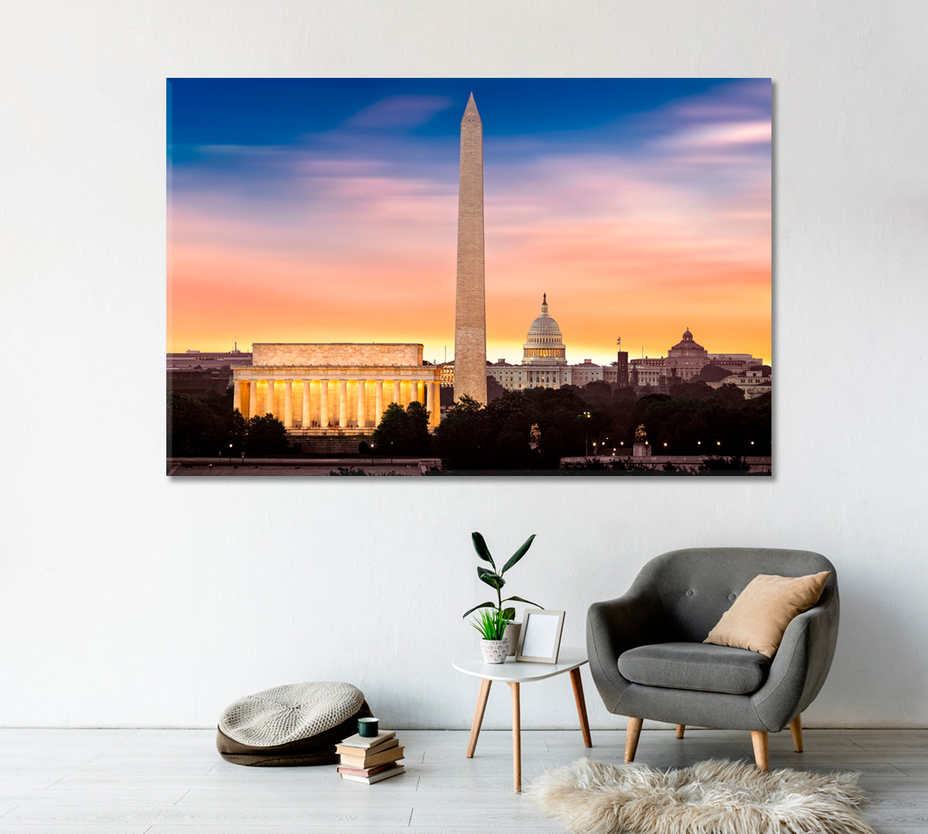 Sunrise over Lincoln Memorial Washington Monument and Capitol Canvas Print-Canvas Print-CetArt-1 Panel-24x16 inches-CetArt