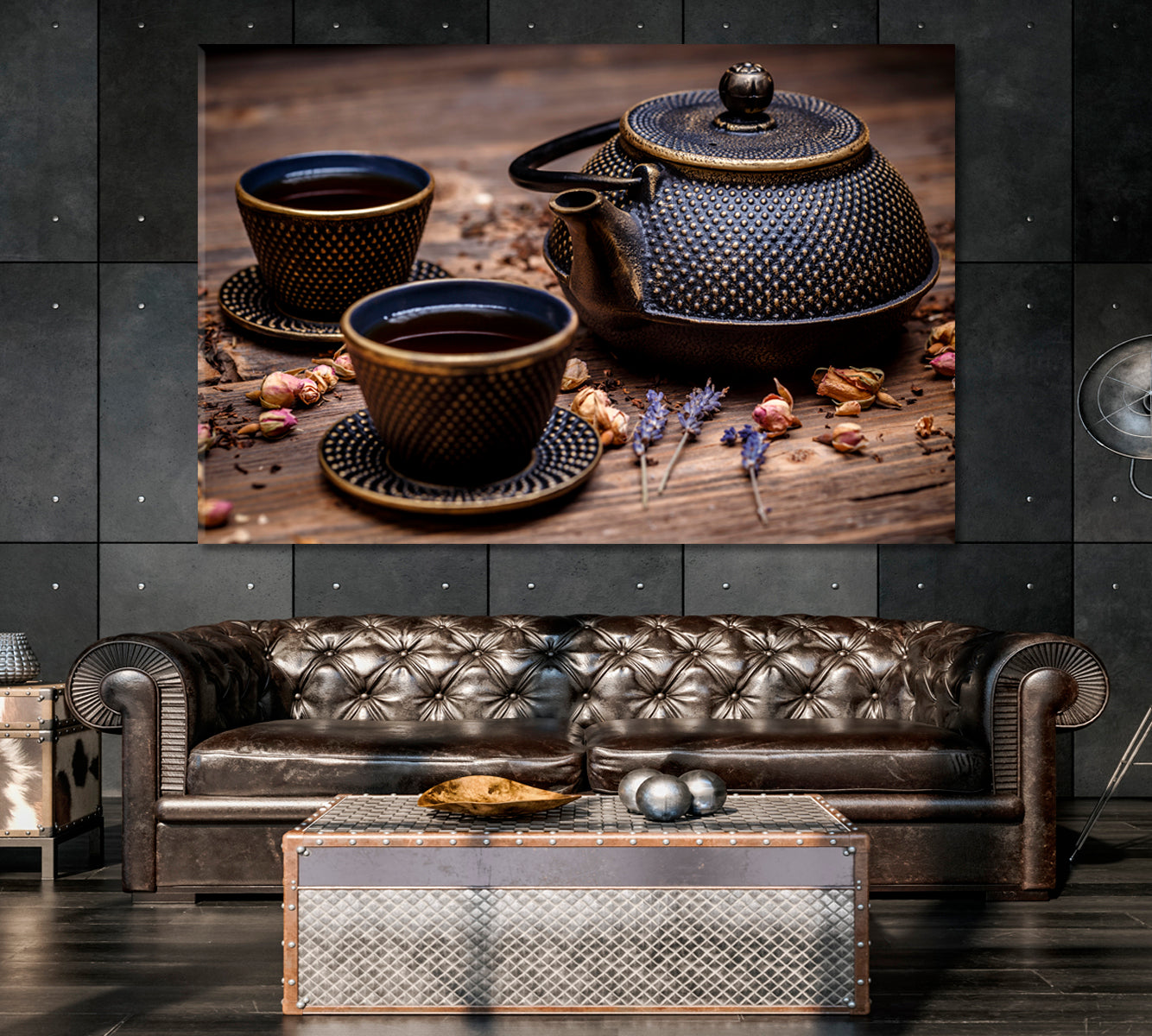 Black Cast Iron Teapot and Cup of Tea Canvas Print-Canvas Print-CetArt-1 Panel-24x16 inches-CetArt