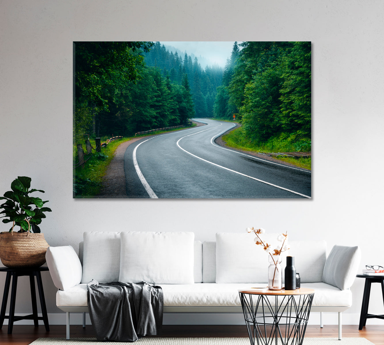 Beautiful Mountain Road in Foggy Forest on Rainy Day Canvas Print-Canvas Print-CetArt-1 Panel-24x16 inches-CetArt