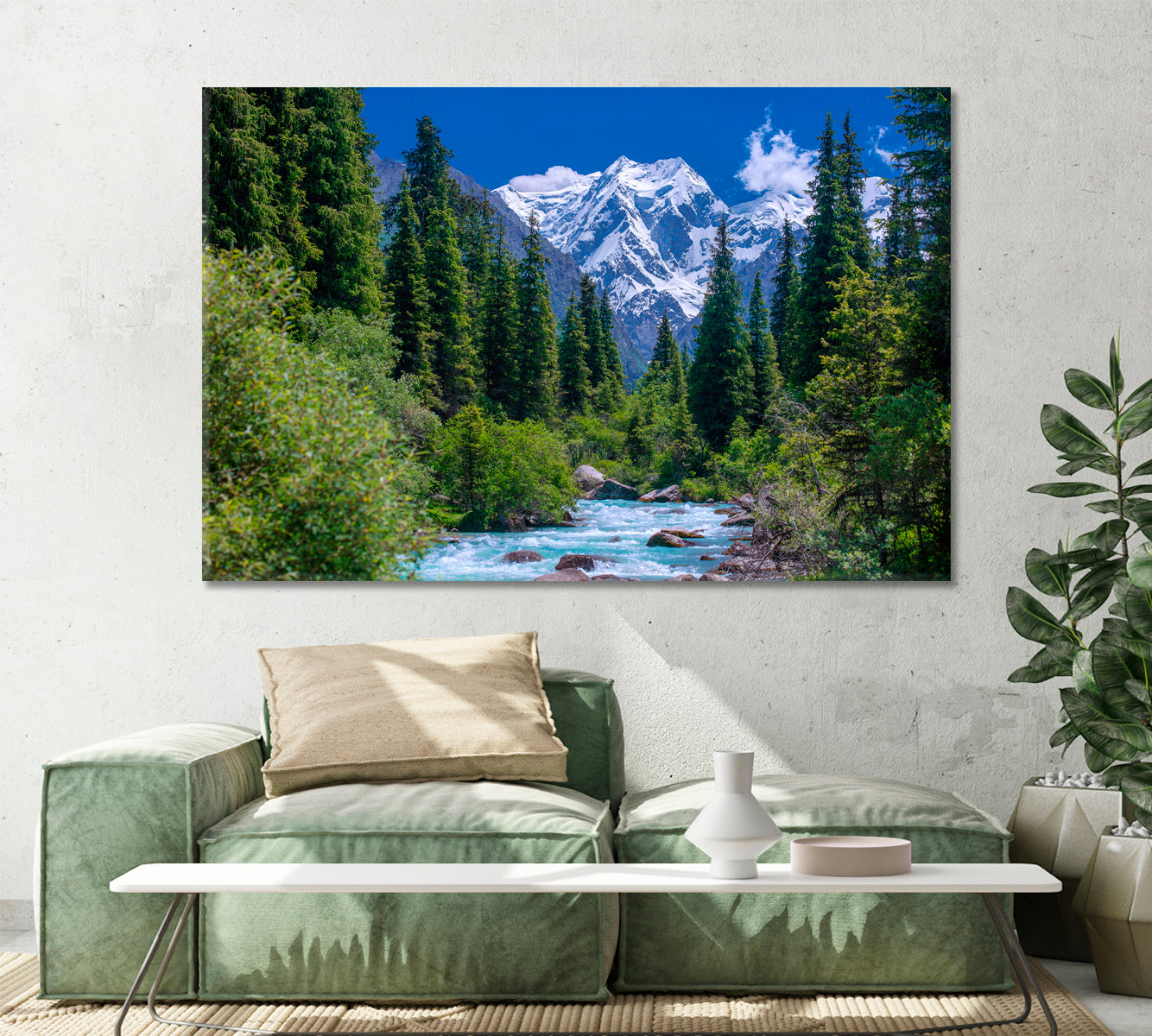 Spruce Forest near a Stormy River and Snowy Mountains Kyrgyzstan Canvas Print-Canvas Print-CetArt-1 Panel-24x16 inches-CetArt