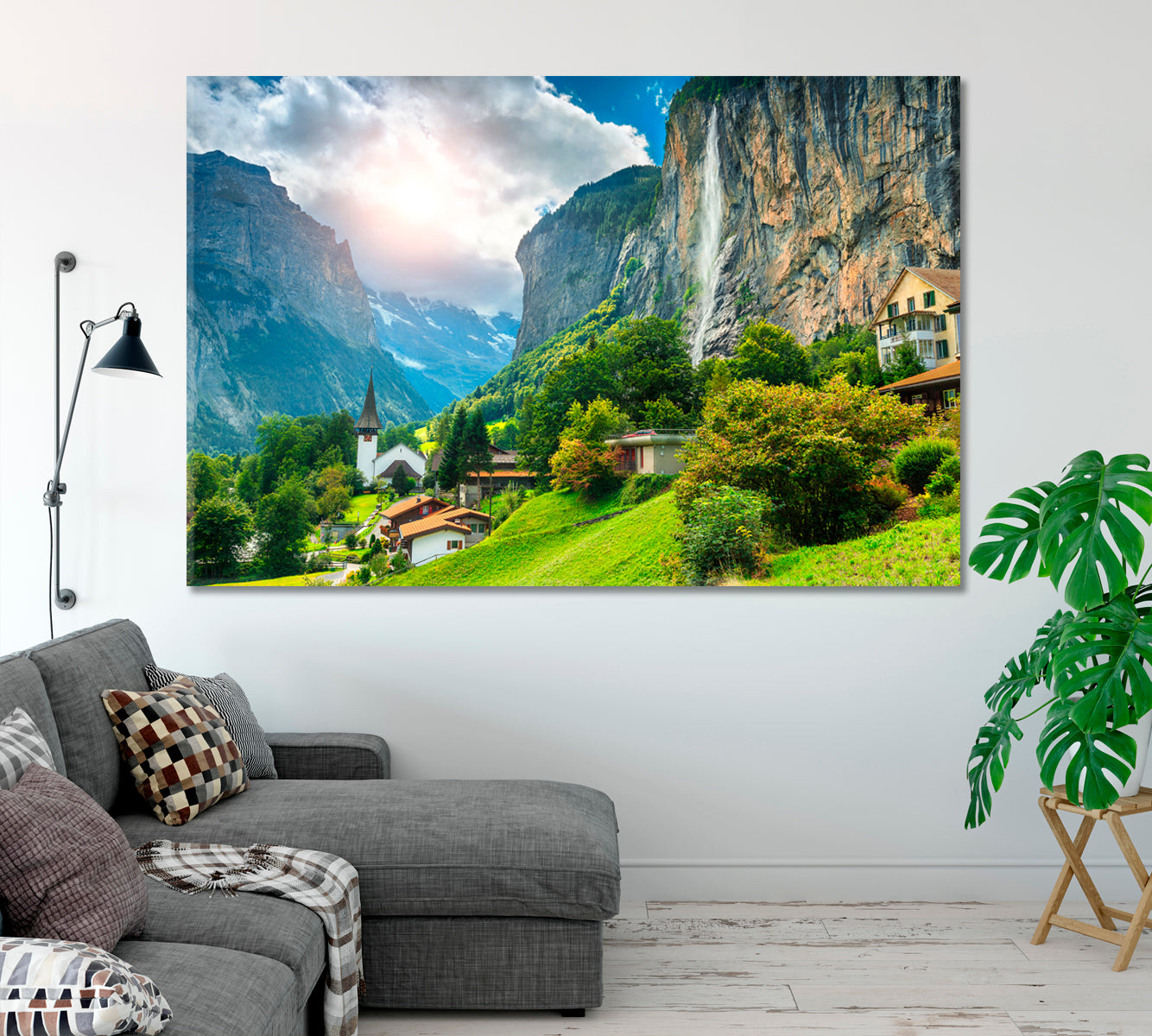 Alpine Village with Church and Staubbach Waterfall Switzerland Canvas Print-Canvas Print-CetArt-1 Panel-24x16 inches-CetArt