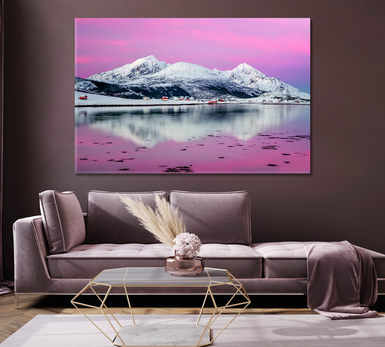 Offersoya Village with Snowy Mountains Lofoten Canvas Print-Canvas Print-CetArt-1 Panel-24x16 inches-CetArt