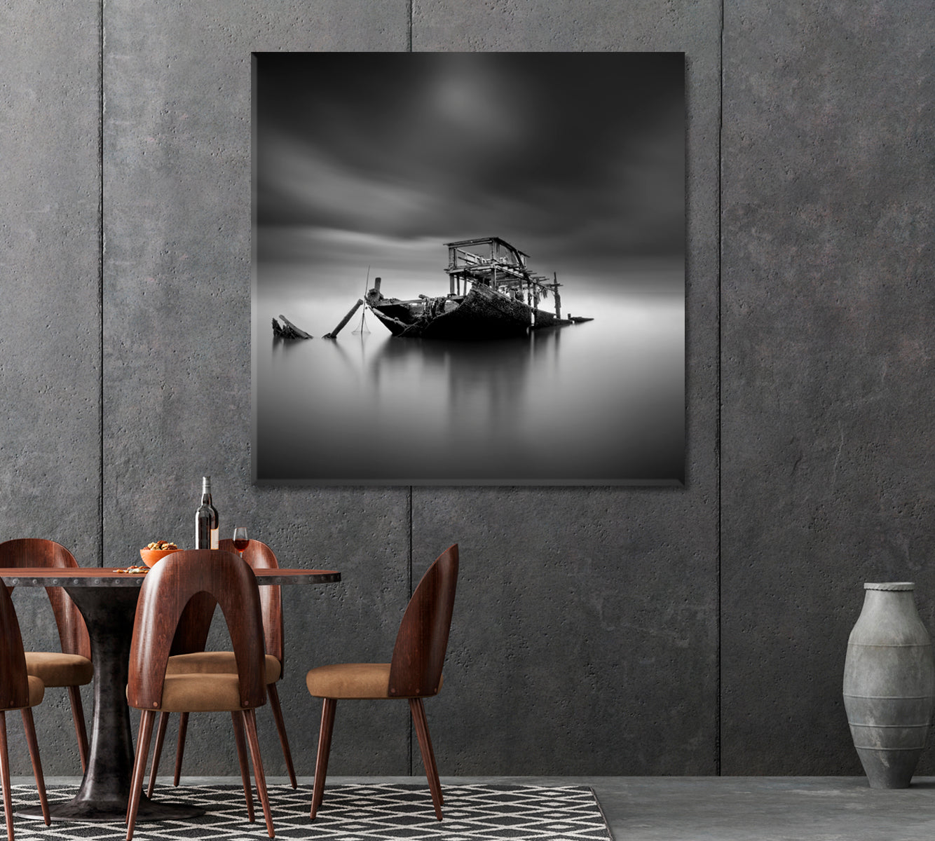 Sunken Boat at Sea in Black and White Canvas Print-Canvas Print-CetArt-1 panel-12x12 inches-CetArt