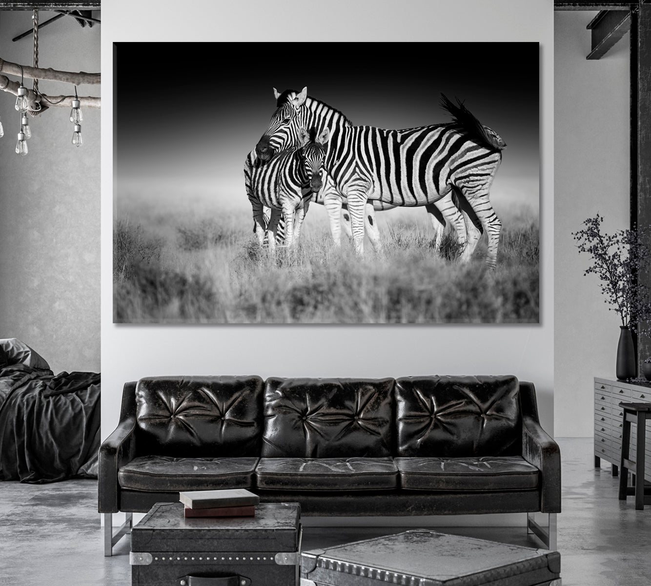 Zebra Mother and Foal in Black and White Canvas Print-Canvas Print-CetArt-1 Panel-24x16 inches-CetArt