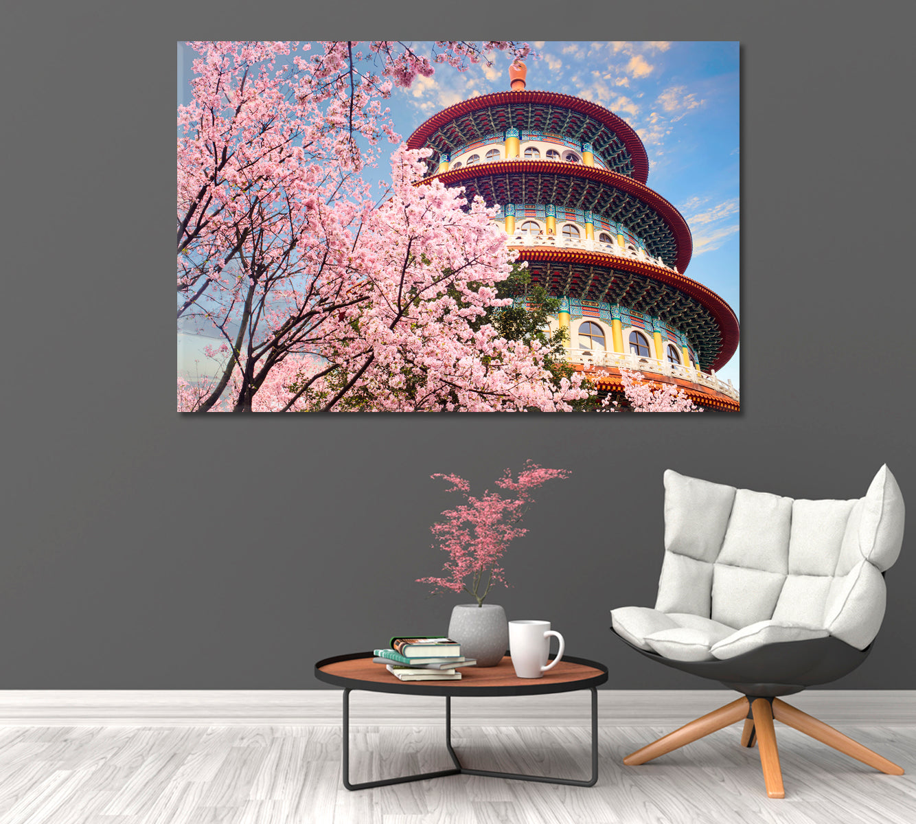 Tianyuan Temple with Sakura Blossom Taiwan Canvas Print-Canvas Print-CetArt-1 Panel-24x16 inches-CetArt