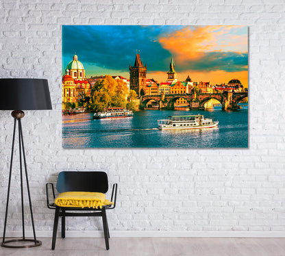 Scenic view on Vltava River and Historical Center Prague Canvas Print-Canvas Print-CetArt-1 Panel-24x16 inches-CetArt