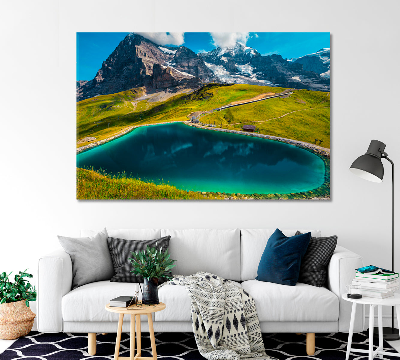 Snowy Mountains with Fallbodensee Lake Switzerland Canvas Print-Canvas Print-CetArt-1 Panel-24x16 inches-CetArt