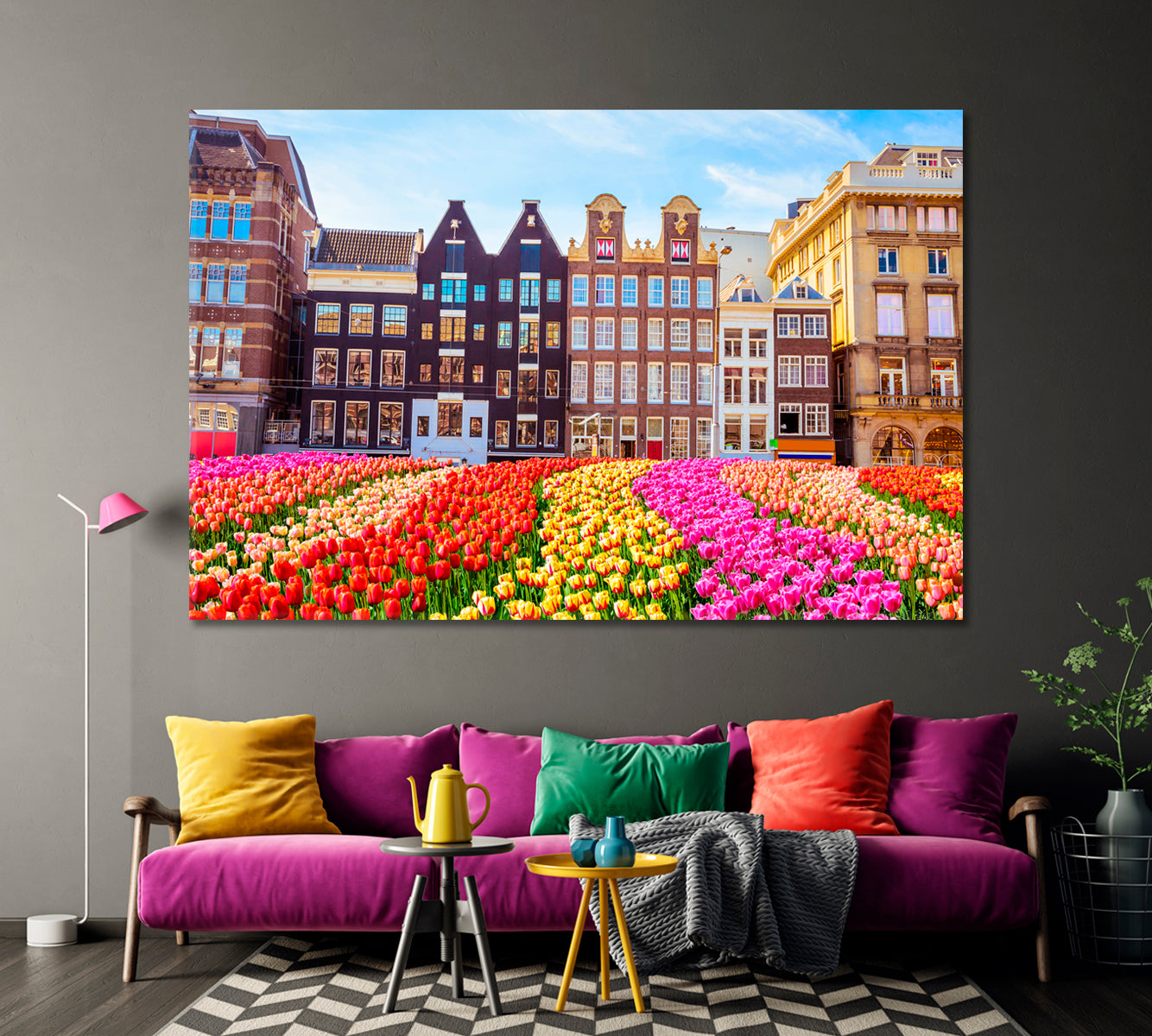 Traditional Buildings and Tulips in Amsterdam Canvas Print-Canvas Print-CetArt-1 Panel-24x16 inches-CetArt