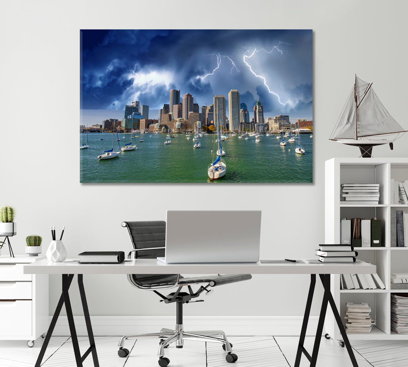 Boston Skyline and Boats Under an Impending Storm Canvas Print-Canvas Print-CetArt-1 Panel-24x16 inches-CetArt