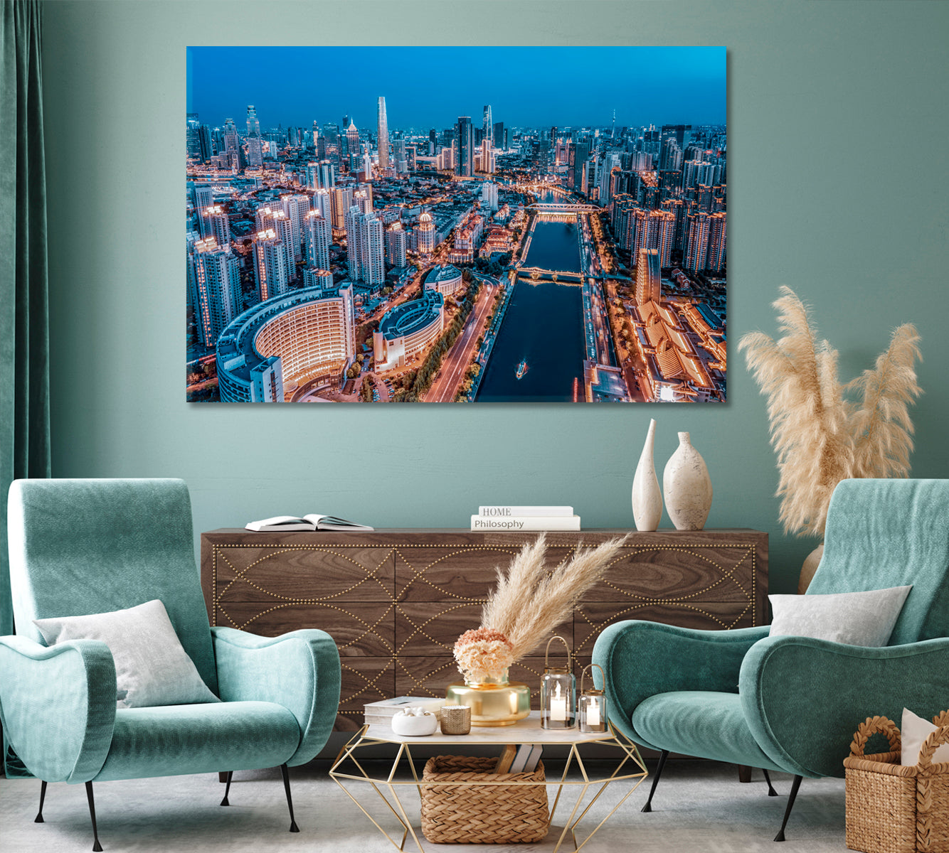 Tianjin City Building Skyline at Night Canvas Print-Canvas Print-CetArt-1 Panel-24x16 inches-CetArt