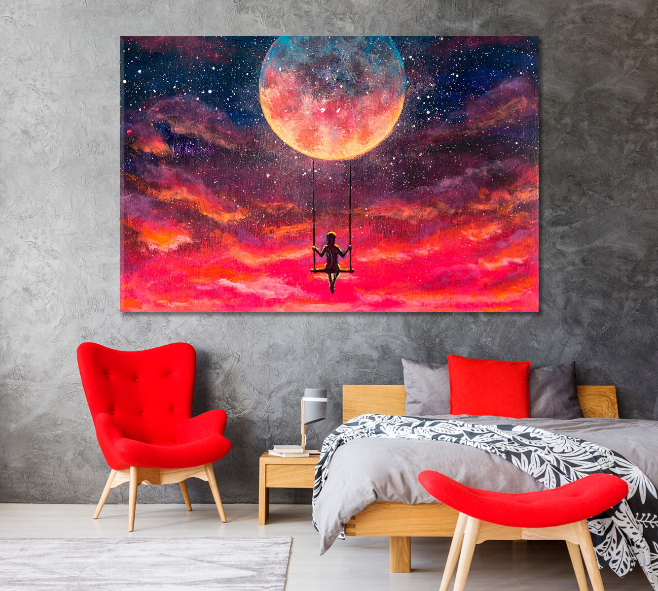 Girl Rides on Swing on the Moon Fantasy Art Canvas Print-Canvas Print-CetArt-1 Panel-24x16 inches-CetArt