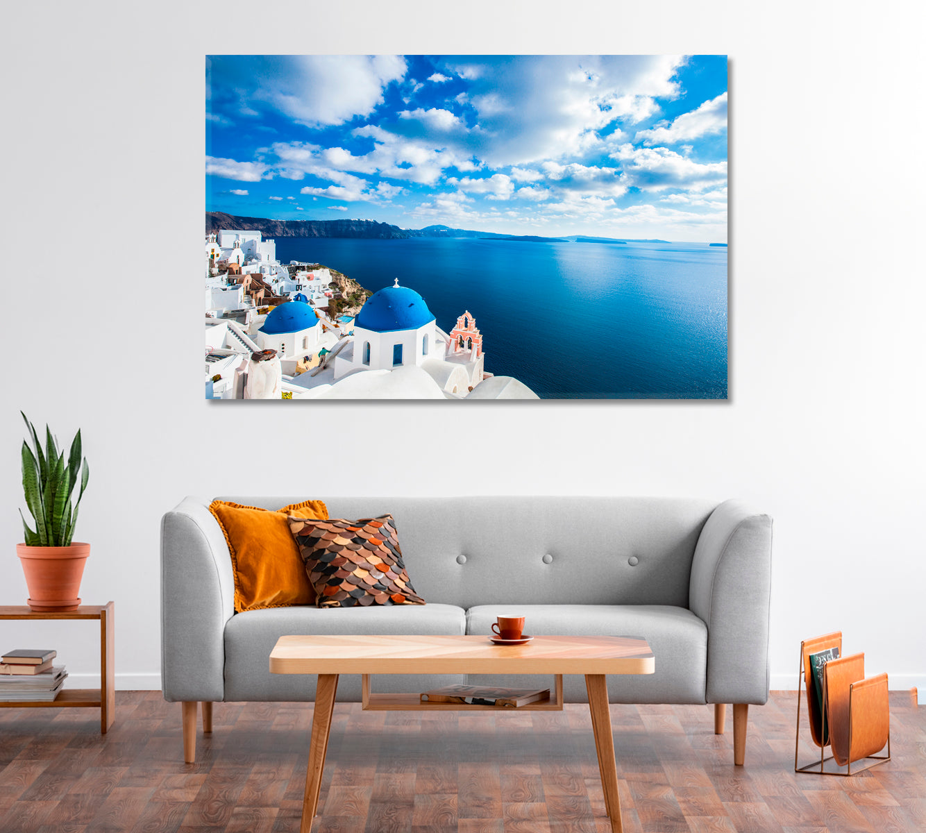 Blue Domed Churches in Beach Santorini Greece Canvas Print-Canvas Print-CetArt-1 Panel-24x16 inches-CetArt