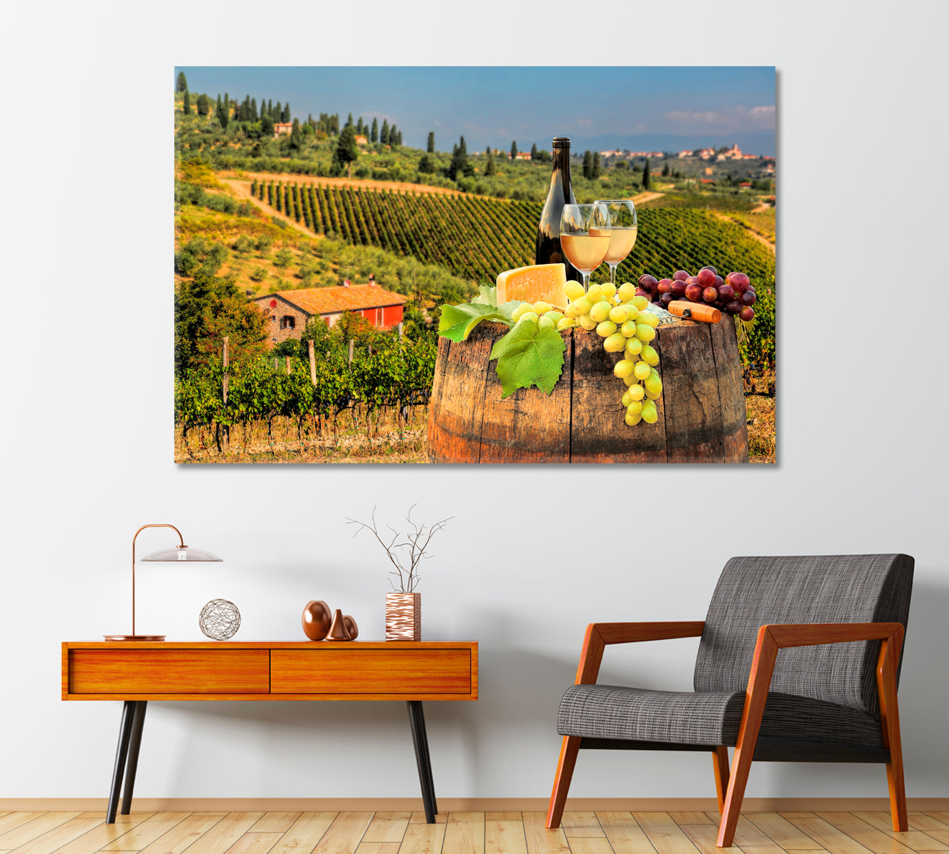 Wine with Barrel on Vineyard in Chianti Tuscany Italy Canvas Print-Canvas Print-CetArt-1 Panel-24x16 inches-CetArt