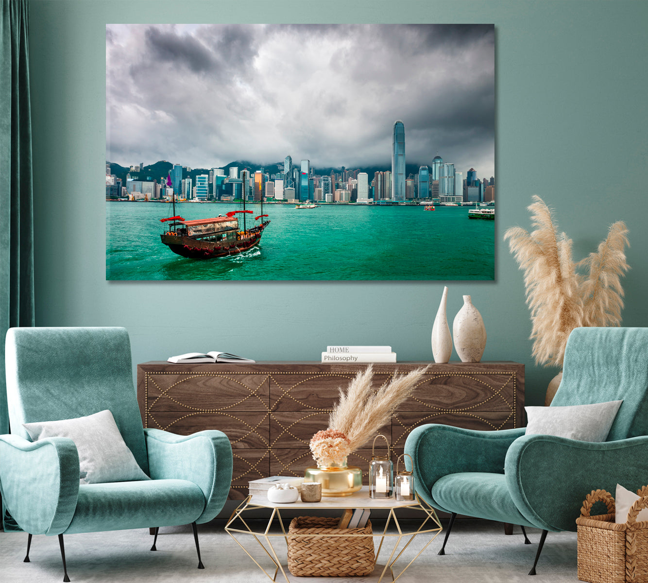 Hong Kong Cityscape with Boats in River Canvas Print-Canvas Print-CetArt-1 Panel-24x16 inches-CetArt