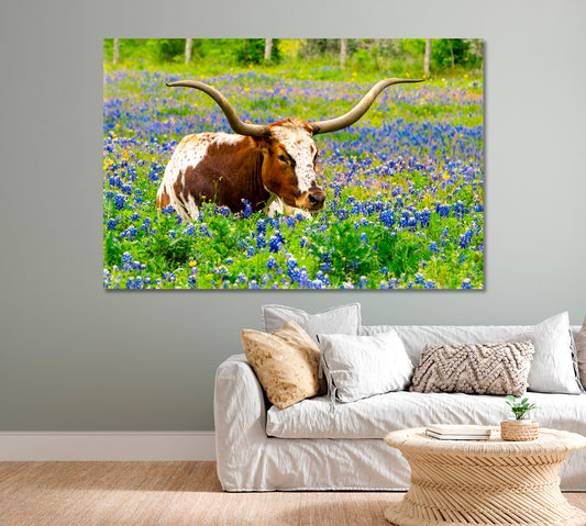 Texas Longhorn Cow in Bluebonnet Field Canvas Print-Canvas Print-CetArt-1 Panel-24x16 inches-CetArt