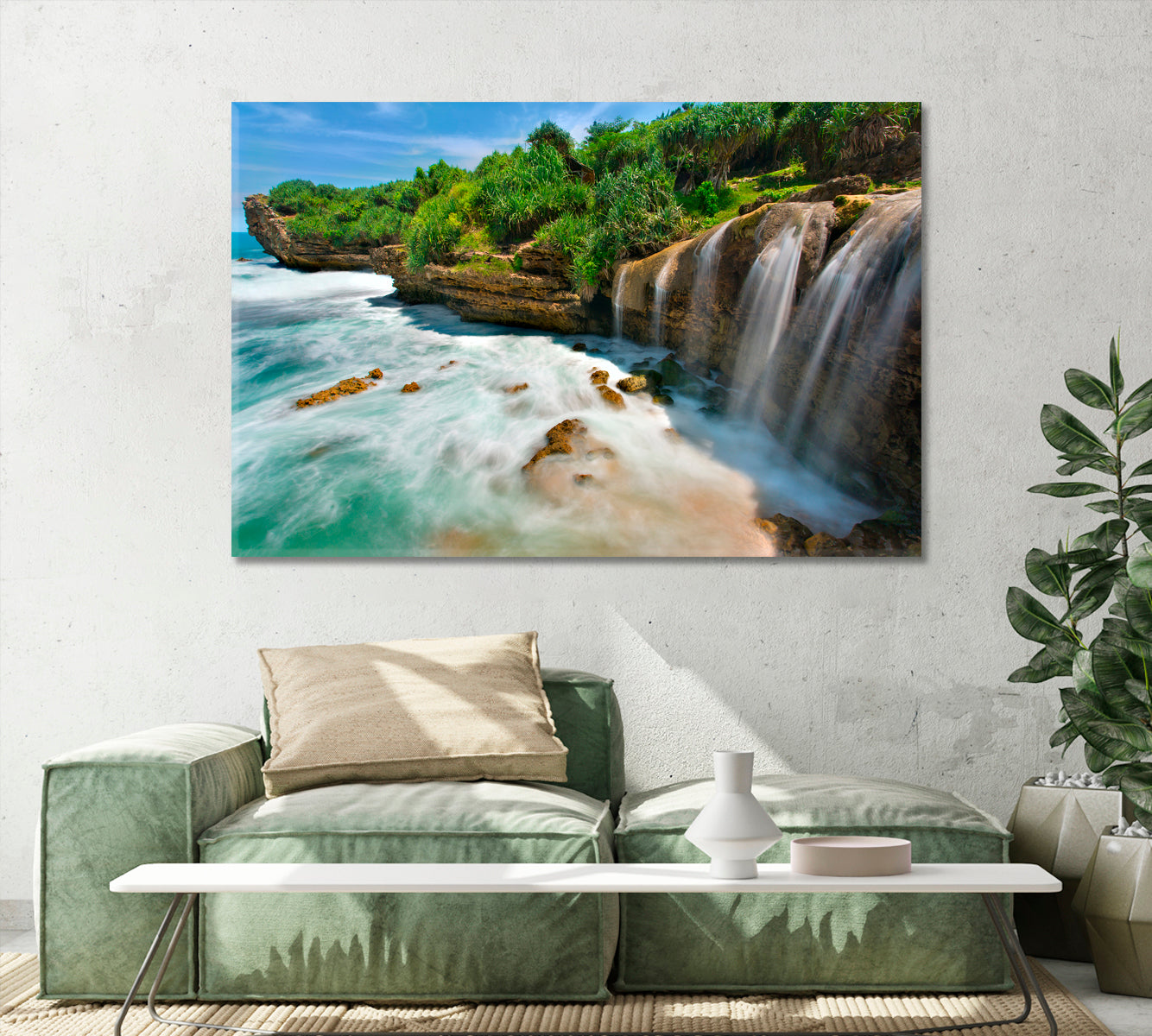 Jogan Beach with Waterfall Java Indonesia Canvas Print-Canvas Print-CetArt-1 Panel-24x16 inches-CetArt