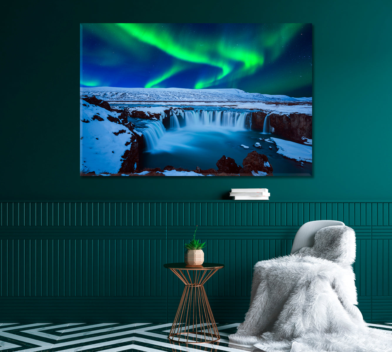 Aurora Borealis at Godafoss Waterfall Iceland Northern Light Canvas Print-Canvas Print-CetArt-1 Panel-24x16 inches-CetArt