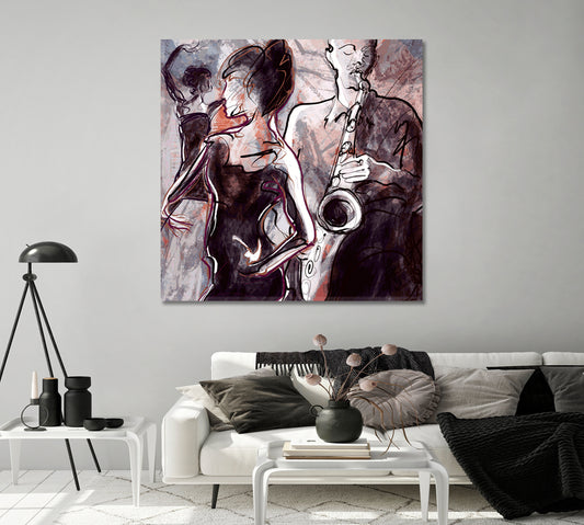 Jazz Saxophonist and Two Dancing Women Canvas Print-Canvas Print-CetArt-1 panel-12x12 inches-CetArt