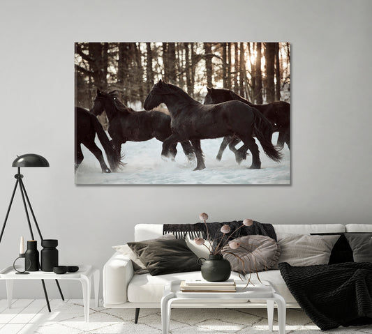 Friesian Horses Running in Winter Forest Canvas Print-Canvas Print-CetArt-1 Panel-24x16 inches-CetArt