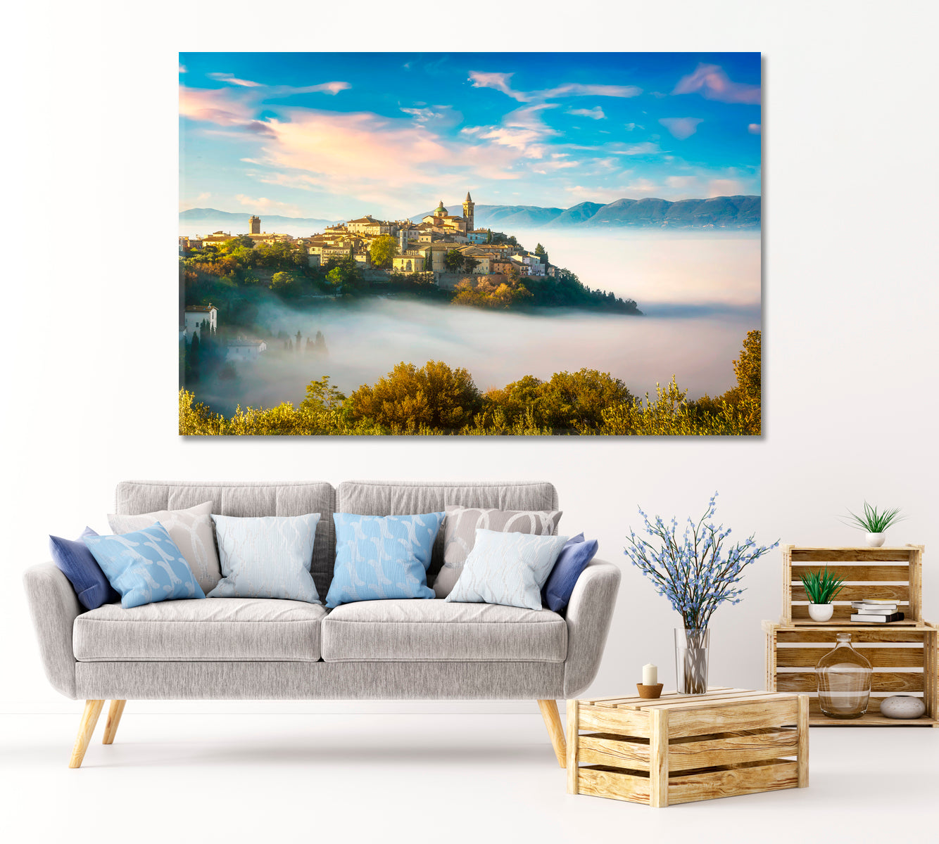 Trevi Village in Foggy Morning Perugia Umbria Italy Canvas Print-Canvas Print-CetArt-1 Panel-24x16 inches-CetArt