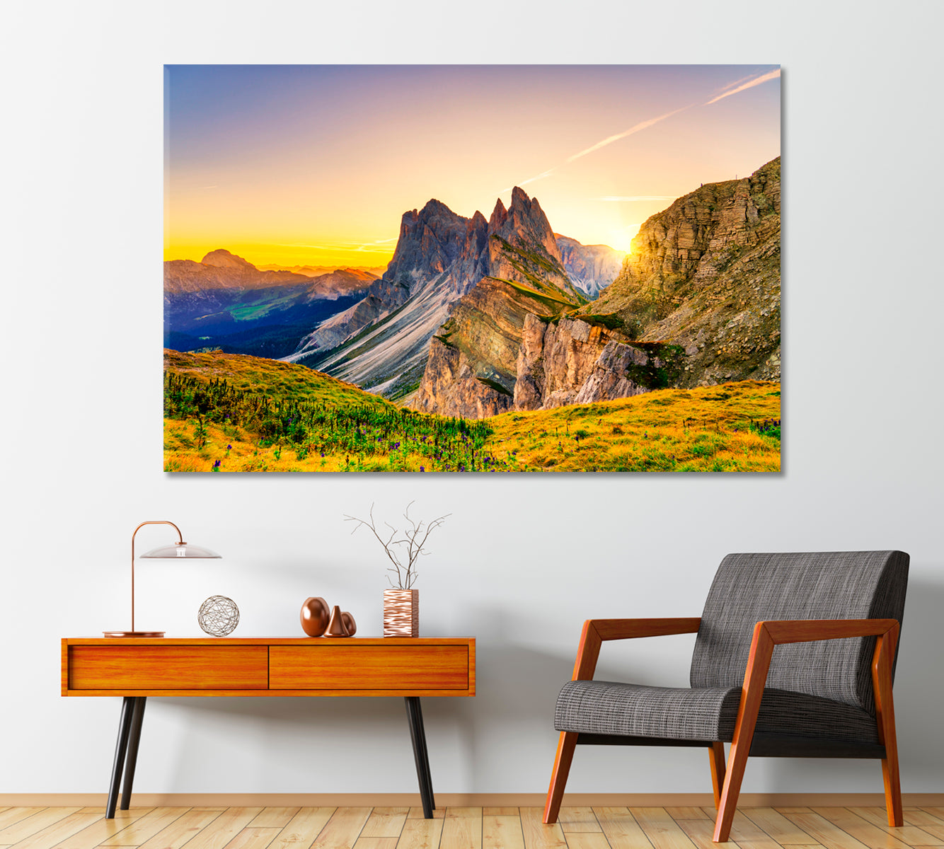 Sunrise over Seceda Peak Dolomites Canvas Print-Canvas Print-CetArt-1 Panel-24x16 inches-CetArt