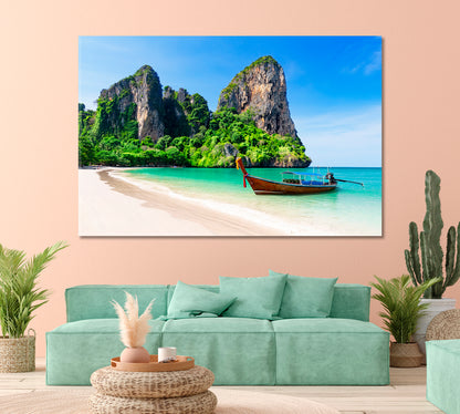 Thai Traditional Wooden Boat at Railay Beach in Thailand Canvas Print-Canvas Print-CetArt-1 Panel-24x16 inches-CetArt