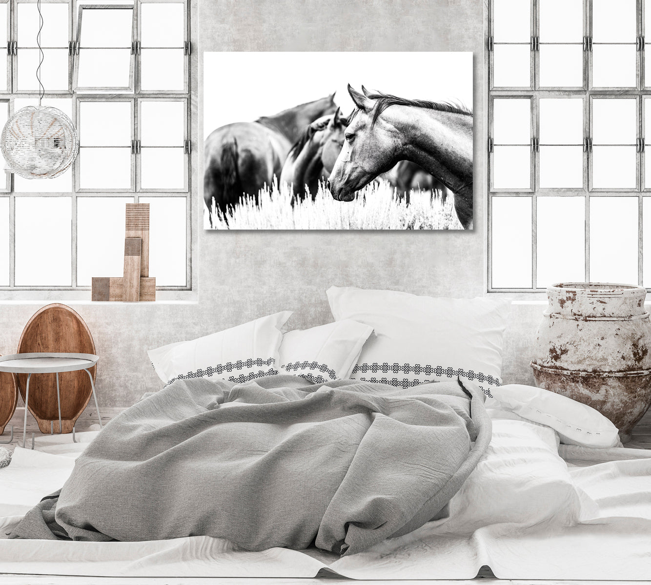 Herd of Horses in Black and White Canvas Print-Canvas Print-CetArt-1 Panel-24x16 inches-CetArt