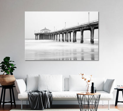 Black and White Manhattan Beach Pier California Canvas Print-Canvas Print-CetArt-1 Panel-24x16 inches-CetArt