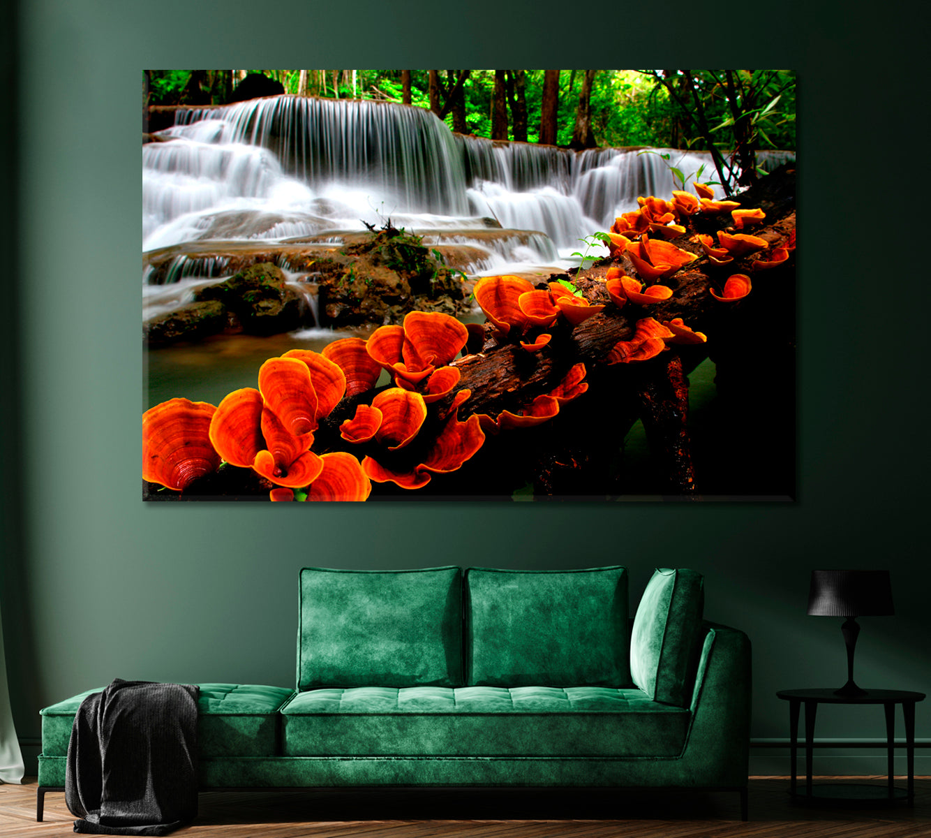 Unusual Orange Mushrooms by the Waterfall Canvas Print-Canvas Print-CetArt-1 Panel-24x16 inches-CetArt