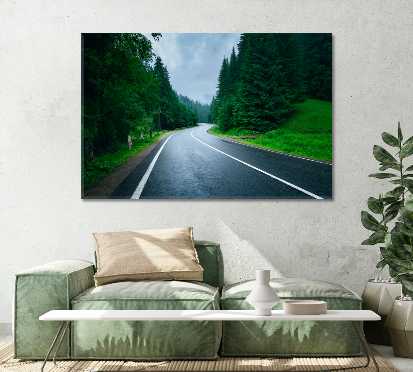 Road in Foggy Forest in Rainy Day Canvas Print-Canvas Print-CetArt-1 Panel-24x16 inches-CetArt