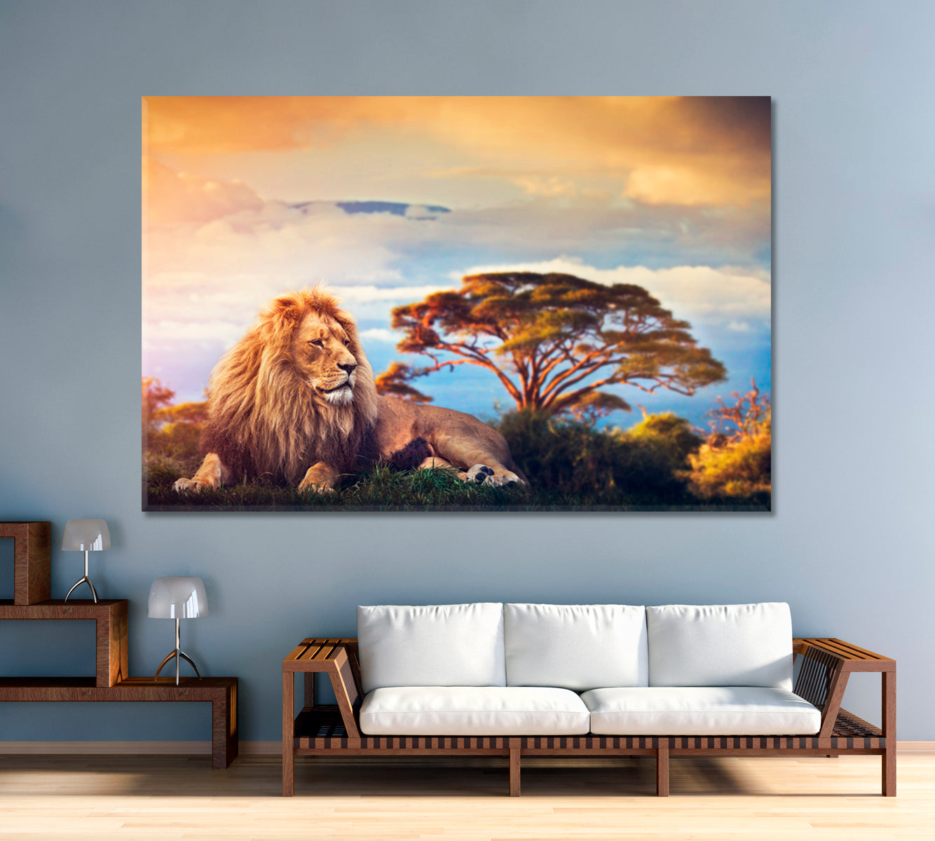 Lion Lying on Grass in Savannah Africa Canvas Print-Canvas Print-CetArt-1 Panel-24x16 inches-CetArt