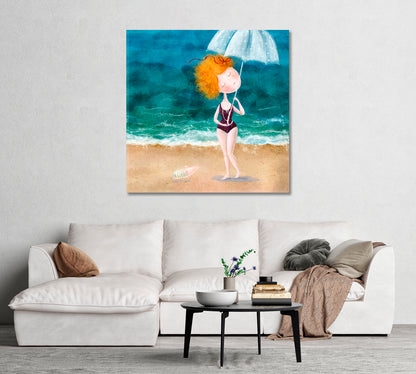 Abstract Redhead Girl with Umbrella on Beach Canvas Print-Canvas Print-CetArt-1 panel-12x12 inches-CetArt