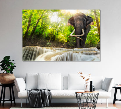 Erawan Waterfall with Elephant Thailand Canvas Print-Canvas Print-CetArt-1 Panel-24x16 inches-CetArt