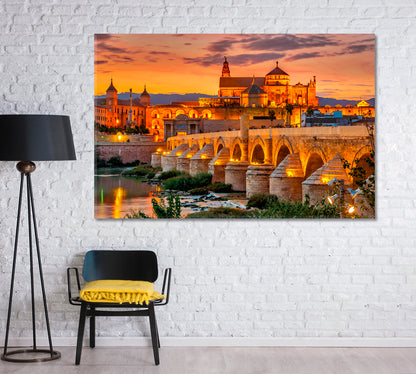 Old Cathedral Mezquita and Roman Bridge at Sunset Cordoba Spain Canvas Print-Canvas Print-CetArt-1 Panel-24x16 inches-CetArt