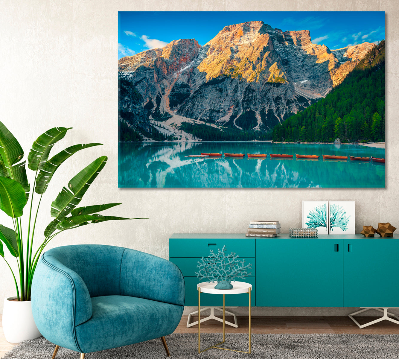 Alpine Landscape with Wooden Boats on Lake Braies Canvas Print-Canvas Print-CetArt-1 Panel-24x16 inches-CetArt