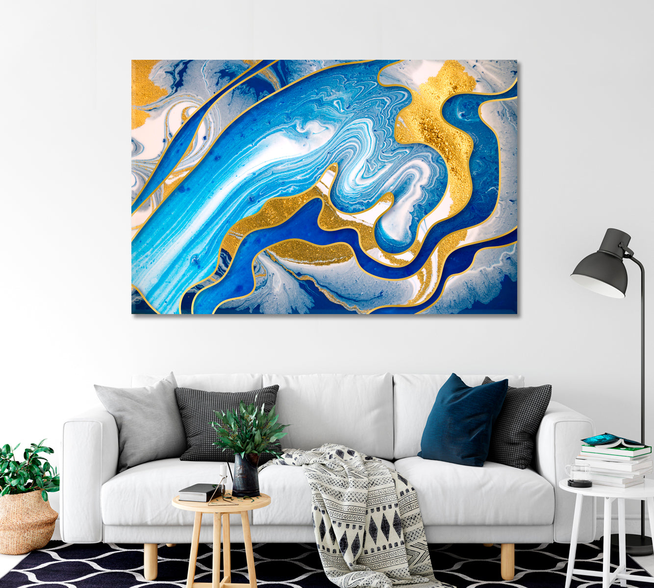 Abstract Modern Blue Yellow Waves Swirls Canvas Print-Canvas Print-CetArt-1 Panel-24x16 inches-CetArt