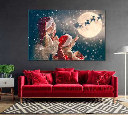 Children See Santa Claus in Sleigh Merry Christmas Canvas Print-Canvas Print-CetArt-1 Panel-24x16 inches-CetArt