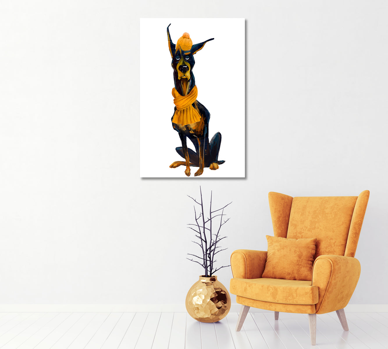 Cartoon Doberman Pinscher with Yellow Scarf Canvas Print-Canvas Print-CetArt-1 panel-16x24 inches-CetArt